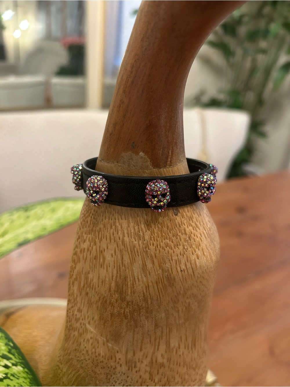Betsey Johnson Black Leather Bracelet with Iridescent Crystal Skull Charms
